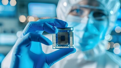 A close up of hands in blue gloves holding and examining an integrated circuit chip, set against the backdrop of clean white protective gear for a high-tech environment.