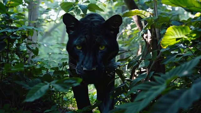 Black Panther in the Jungle: A majestic black panther with piercing green eyes stares intensely from the shadows of a lush, tropical jungle. The predator's sleek black coat and powerful stance convey 