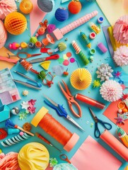 Obraz premium Colorful craft supplies and tools on blue background.