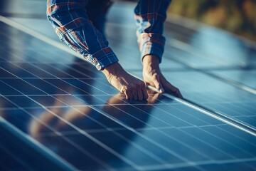 Installing rooftop solar panel for renewable energy  close up of person s hand at work