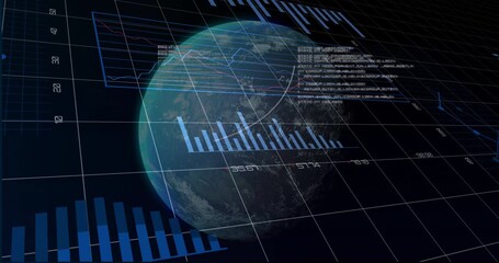 Animating financial data charts and graphs over rotating Earth globe - Powered by Adobe