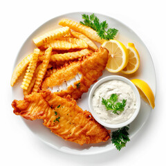 a plate of fish and chips with a side of dip
