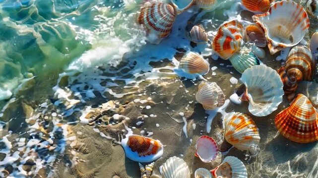 Seashells on the Shoreline: A vibrant collection of seashells scattered on the sandy beach, bathed in the turquoise waters of the ocean. Capture the essence of coastal beauty and tranquility. 
