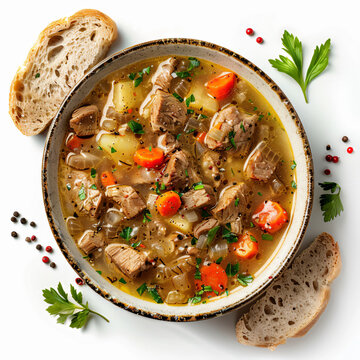 a bowl of soup with meat and vegetables
