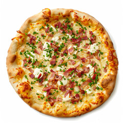 a pizza with cheese  ham  and chives on it