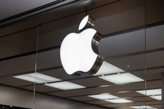 Rome, Italy - August 12, 2024: Close up of Apple logo at their store in a shopping mall in Rome, Italy. Apple Inc. is an American multinational corporation and technology company. 