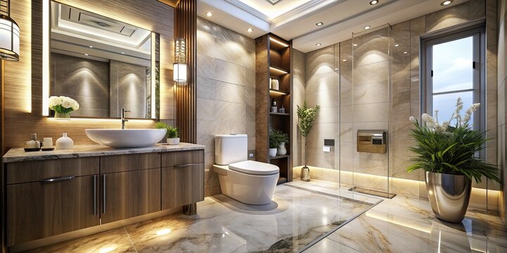 Elegant bathroom features a sleek, high-tech toilet with advanced bidet functionality, surrounded by spa-like ambiance, marble floors, and lavish decorative accents.