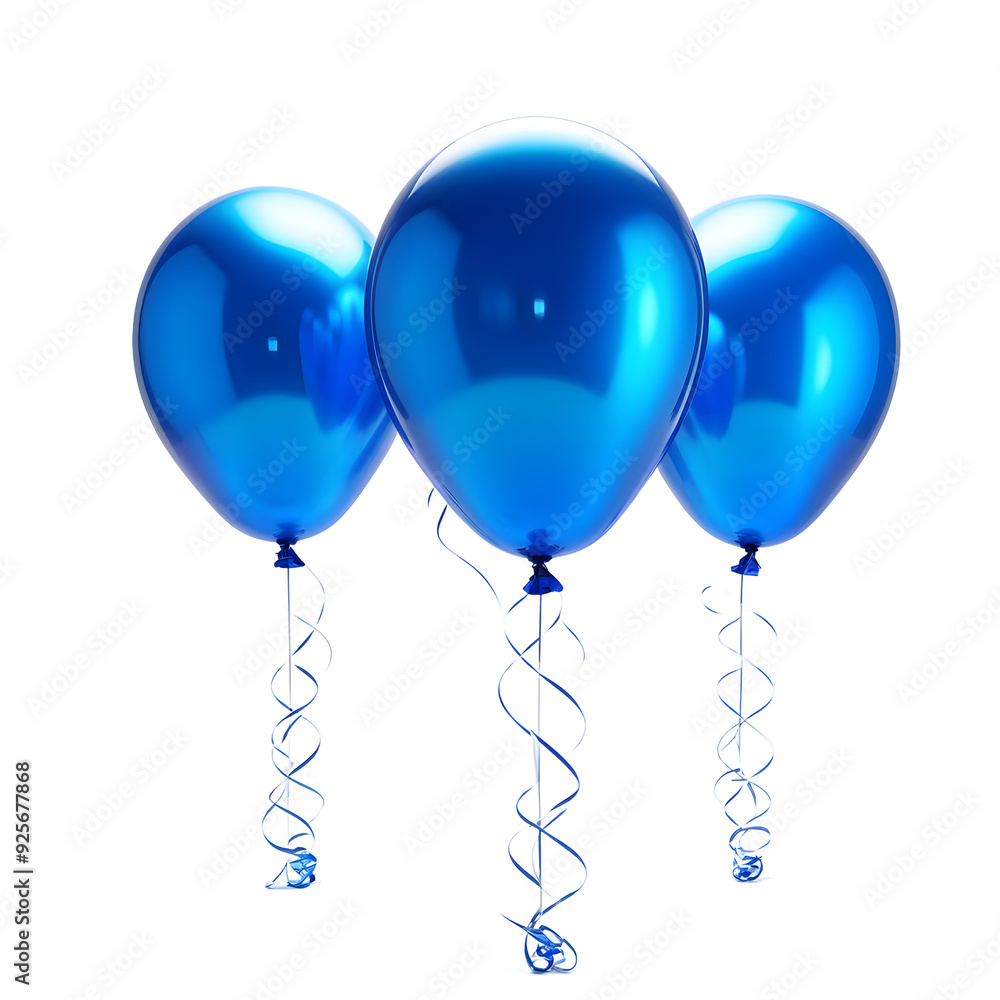 Wall mural A trio of helium balloons painted in striking, glossy blue floats majestically against a stark, pure white backdrop, ai digital painting