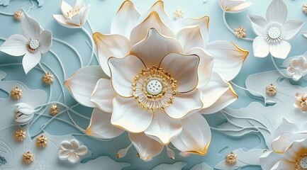 3D white lotus flower, with a golden core in the center of each petal,wallpaper