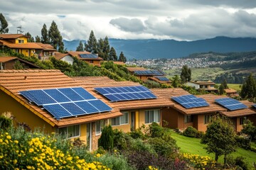 Obraz premium Residential solar panels featured in a photography shot capturing house rooftops