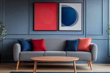 Minimalist living room with red, gray, blue decor, wooden table, abstract art, and cozy sofa