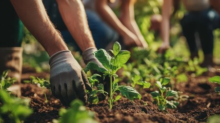 Naklejka premium Hands Planting Green Seedlings in Garden Soil.