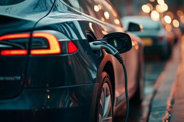Naklejka premium Close up of electric car charging at station, emphasizing charging device details