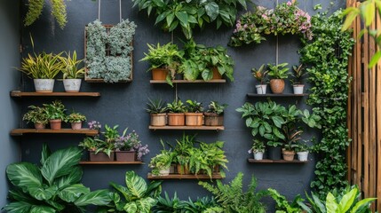 Green Wall with Plants in Pots.