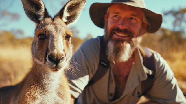 A man in a hat smiling while taking a selfie with a kangaroo in an Australian outback setting. The image captures the unique bond between humans and wildlife in a natural environment.