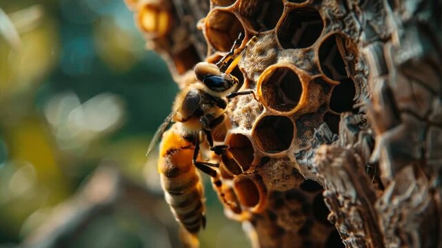 Honeycomb Haven: A close-up of a honeybee diligently working on its honeycomb, showcasing the intricate details and delicate beauty of nature's industrious creatures. The soft lighting and vibrant col