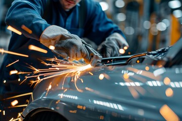 Expert mechanic removing dents and defects in car body with grinding   automotive repair banner