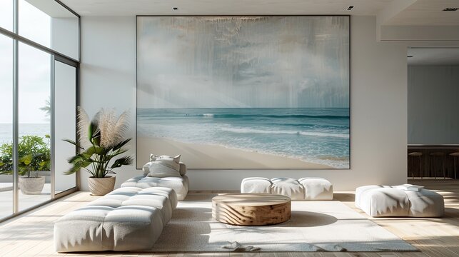 Elegant Turquoise Canvas Frame in a Coastal Living Room with Ocean Views and Nautical Decor