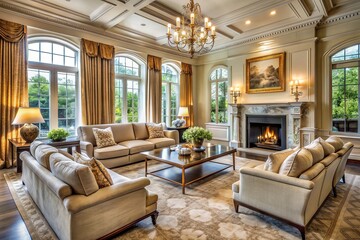 Fototapeta premium Elegant living room with plush furnishings, marble fireplace, and expansive windows, exuding opulence and refinement, perfect for a luxurious family gathering or celebration.