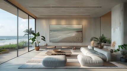 Fototapeta premium Elegant Turquoise Canvas Frame in a Coastal Living Room with Ocean Views and Nautical Decor