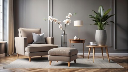 Armchair with cozy pillow, matching pouf, elegant coffee table adorned with orchid in stylish living room