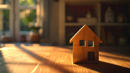 A close-up wooden figure of a small one-story house stands on a table in the room. Blurred background. Generative AI illustration.