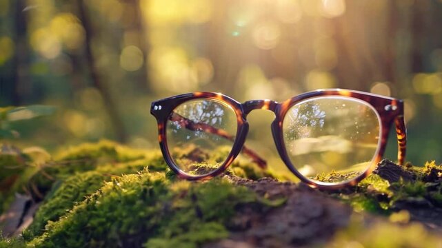 Clarity in the Wild: Tortoise-shell glasses rest on vibrant green moss, sunlight filtering through a tranquil forest, inviting a moment of peaceful contemplation. 