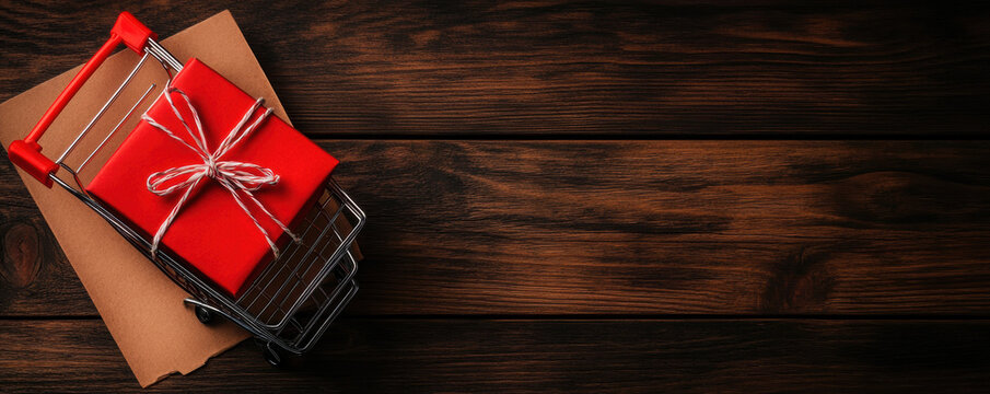 Red gift box tied with string in a shopping cart on a wooden background, symbolizing online shopping and holiday sales.
