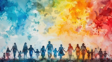 Craft a watercolor banner illustrating silhouettes of various ages, capturing the essence of family celebration, care, and intergenerational empathy