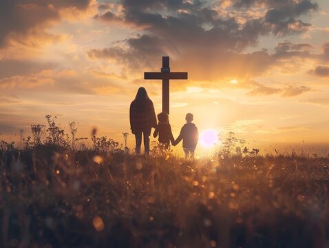 Silhouette of family seeking jesus christ s cross at autumn sunrise for easter sunday