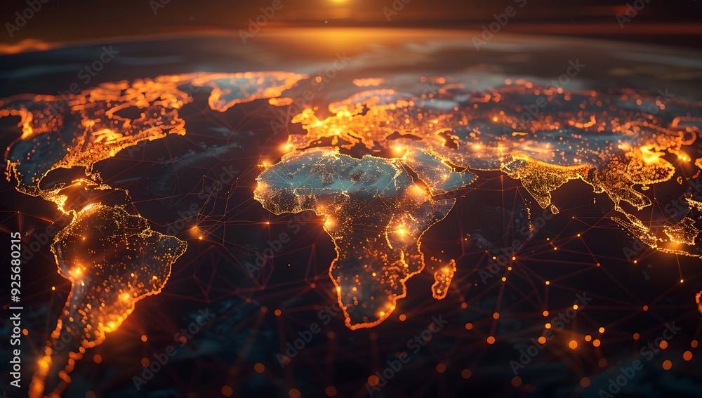 Poster global map with glowing connections between cities, representing the spread of digital network techn