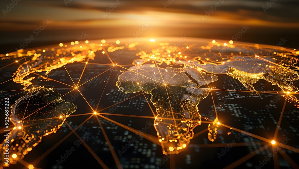 Poster global map with glowing connections between cities, representing the spread of digital network techn