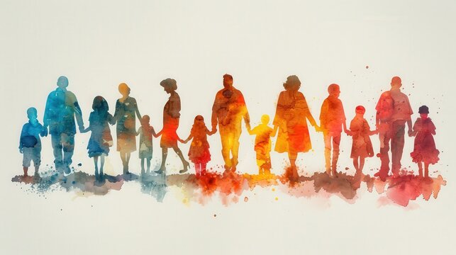 Design a watercolor banner depicting silhouettes of diverse age groups, representing the celebration of family, care, and generational mutual understanding