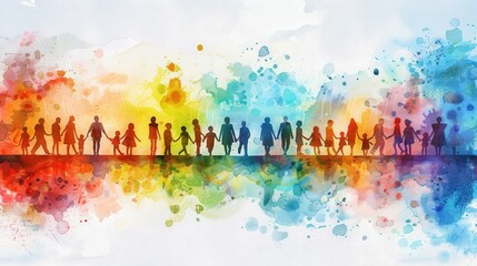 Generate a watercolor illustration of a banner with silhouettes of people from various age groups, symbolizing the celebration of family and intergenerational understanding