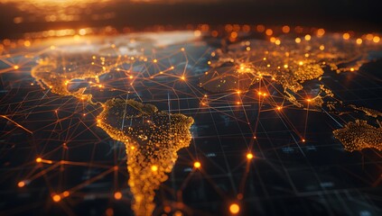 Global map with glowing connections between cities, representing the spread of digital network technology across multiple countries.
