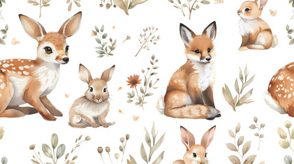 Obraz premium Baby animals nursery isolated seamless pattern with bannies. Watercolor boho cute baby fox, deer animal woodland rabbit and bear isolated illustration for children. Bunny forest image