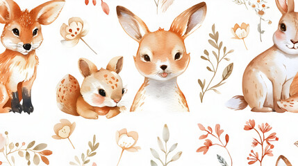 Baby animals nursery isolated seamless pattern with bannies. Watercolor boho cute baby fox, deer animal woodland rabbit and bear isolated illustration for children. Bunny forest image