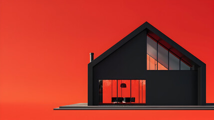 Black house with openings of windows and doors on a red background. 3D rendering