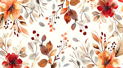 Boho seamless pattern watercolor elements of savanna gold flowers collection garden red, burgundy flower, leaves, branches, Botanic illustration background wedding decor