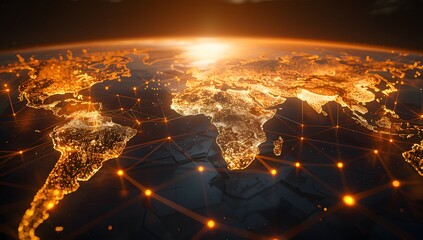 A global map with glowing connections between cities, representing the spread of digital network technology across multiple countries. The sun setting in the background adds depth and contrast to the 