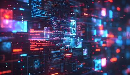 A futuristic digital interface displaying an array of web design tools and code elements, with glowing lines representing data flow between them,