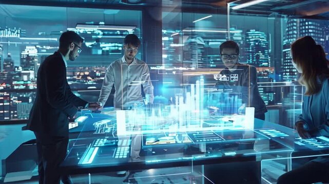 Architects of the Digital City: A diverse team collaborates around an interactive holographic city model, illuminated by the glow of data visualizations in a futuristic command center. 