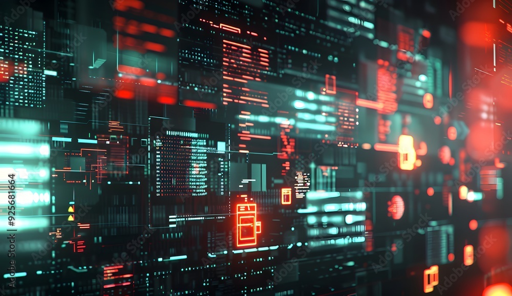 Poster a futuristic digital interface displaying an array of web design tools and code elements, with glowi