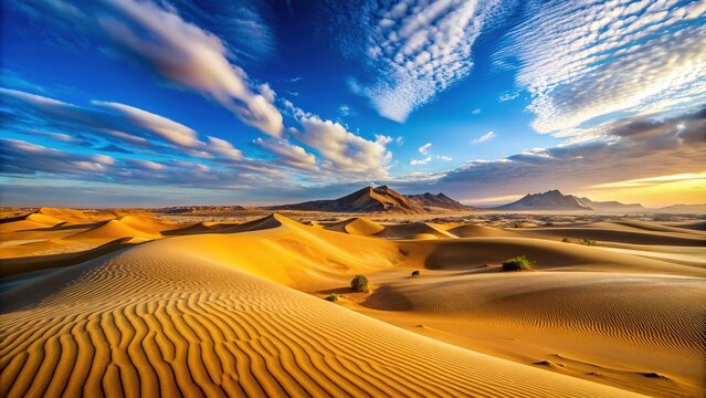 Endless dunes of golden sand stretch towards the horizon under a vibrant blue sky with a few scattered rocky outcrops in the vast Sahara Desert landscape.