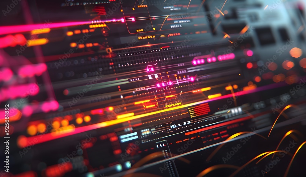 Poster a futuristic digital interface displaying an array of web design tools and code elements, with glowi