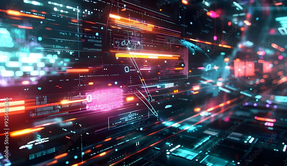Poster a futuristic digital interface displaying an array of web design tools and code elements, with glowi