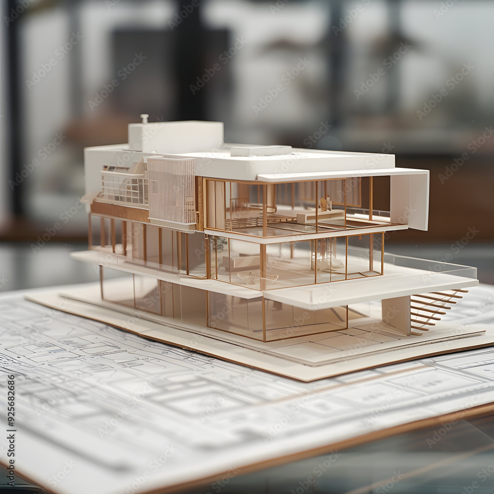 Poster Panoramic view of a model house resting on an architectural blueprint, showcasing the harmony between architectural concepts and practical implementation.