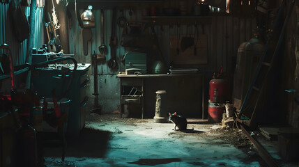 Nighttime in a garage, a mouse outsmarts the cat among old tools and shadows, creating a suspenseful mood