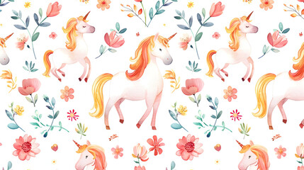 Obraz premium Cute watercolor unicorn seamless pattern with flowers. Nursery magic unicorn patterns. Princess rainbow texture. Trendy pink cartoon pony horse.