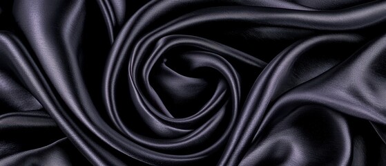 Luxurious black silk fabric elegantly twisted, showcasing its smooth texture and sheen, perfect for fashion and interior design.
